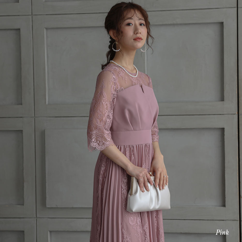 300002 レース&プリーツロングドレス