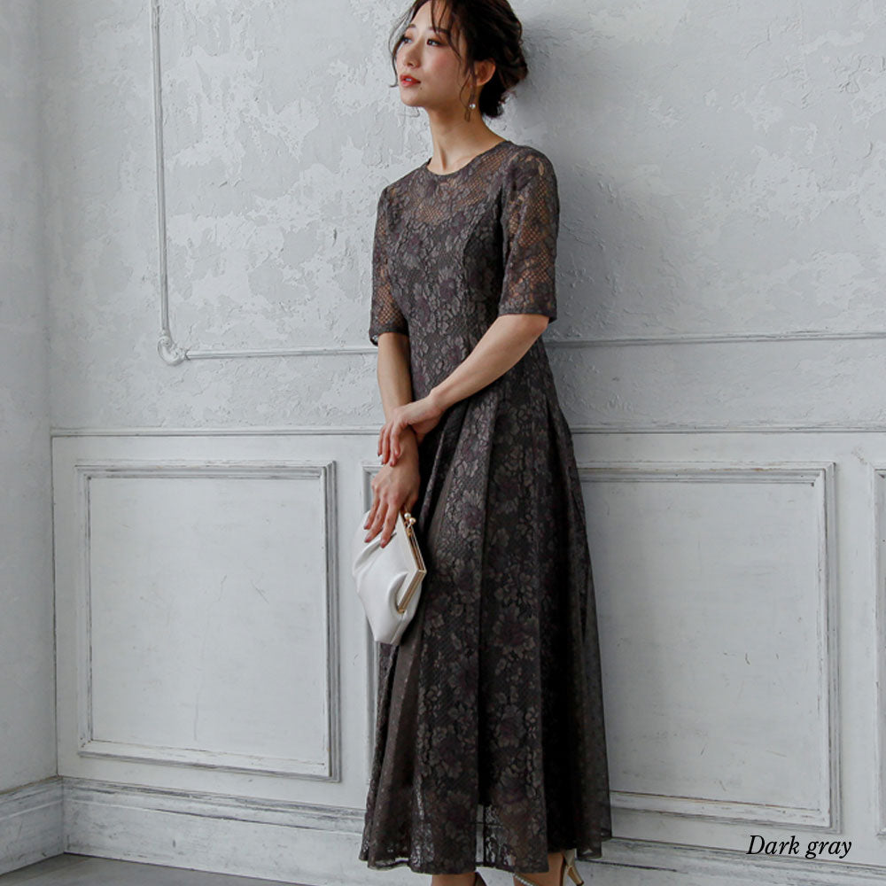 300012 切り替えレースロングワンピースドレス