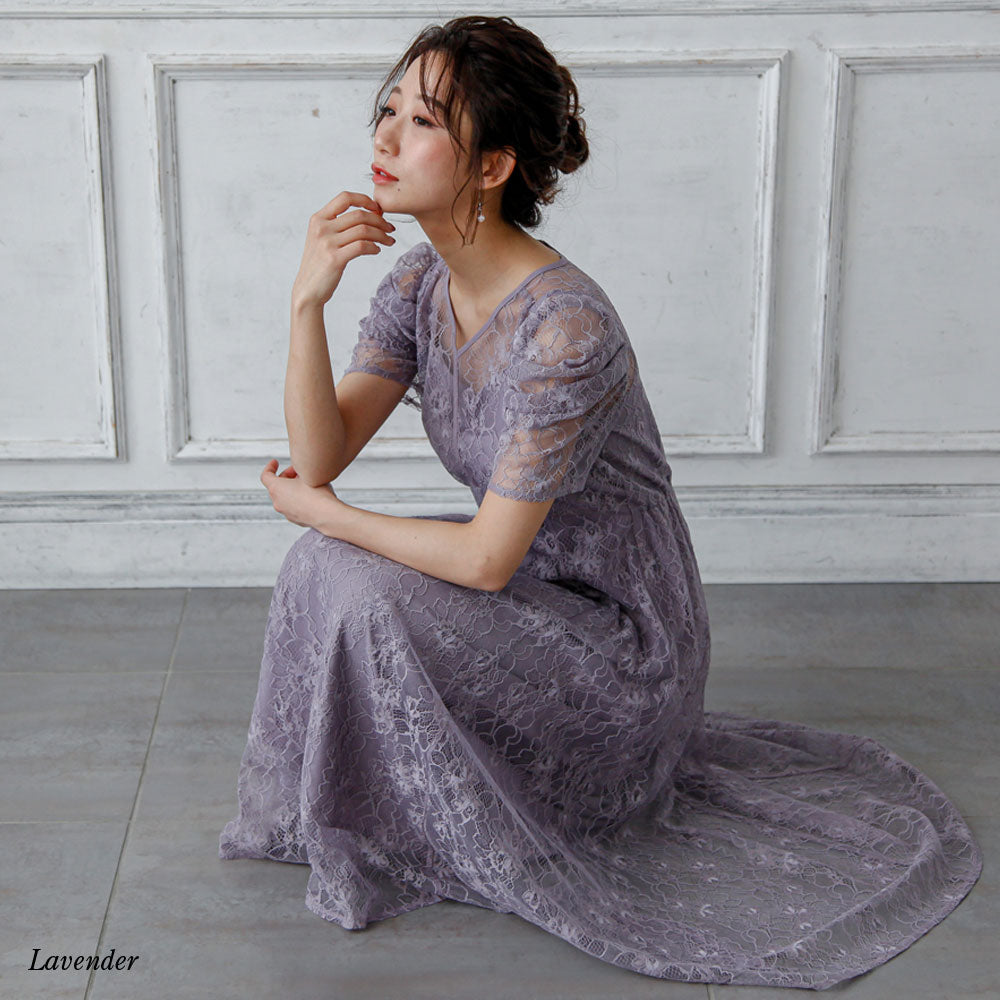 300013 パワーショルダーレースロングドレス