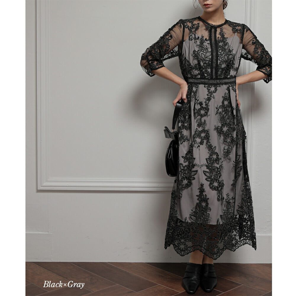 300022 バックリボンレースロングドレス