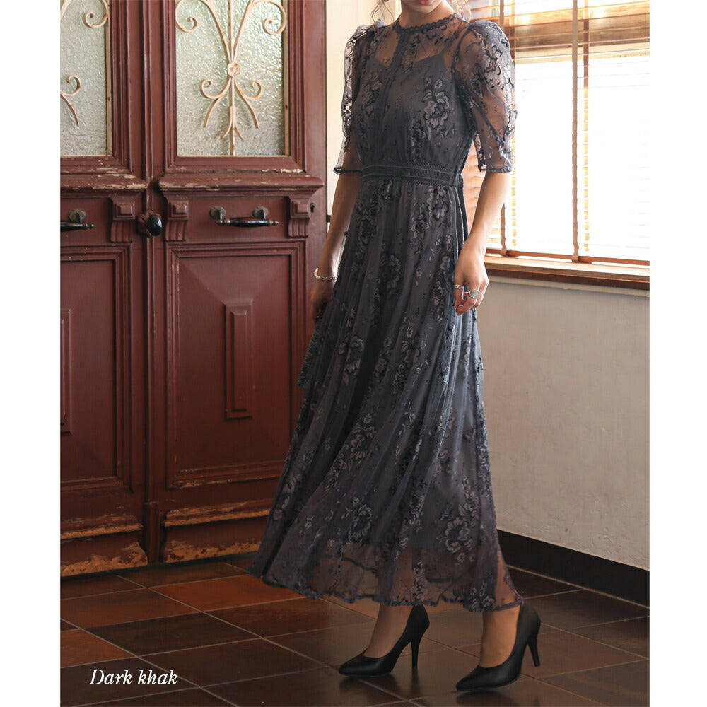 300023 パワーショルダーレースロングドレス