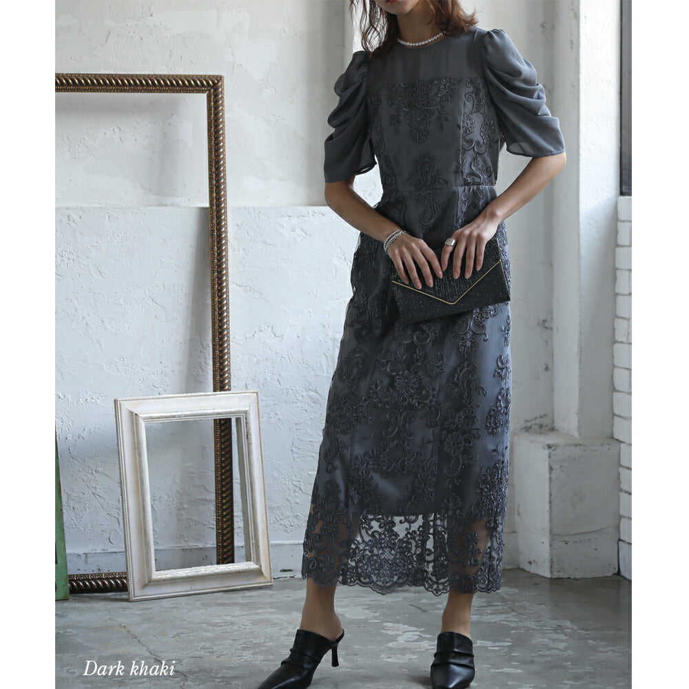 300025 ギャザースリーブレースロングドレス