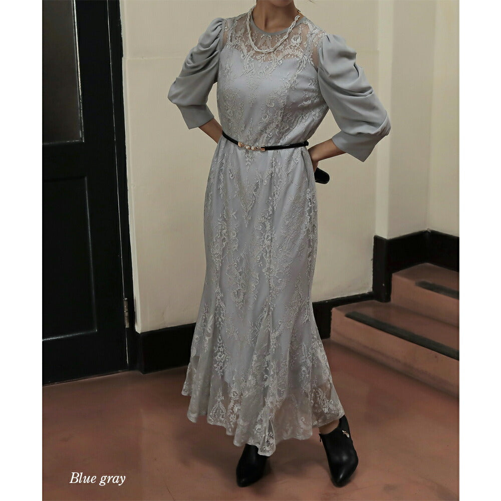 300031 ギャザースリーブレースロングドレス