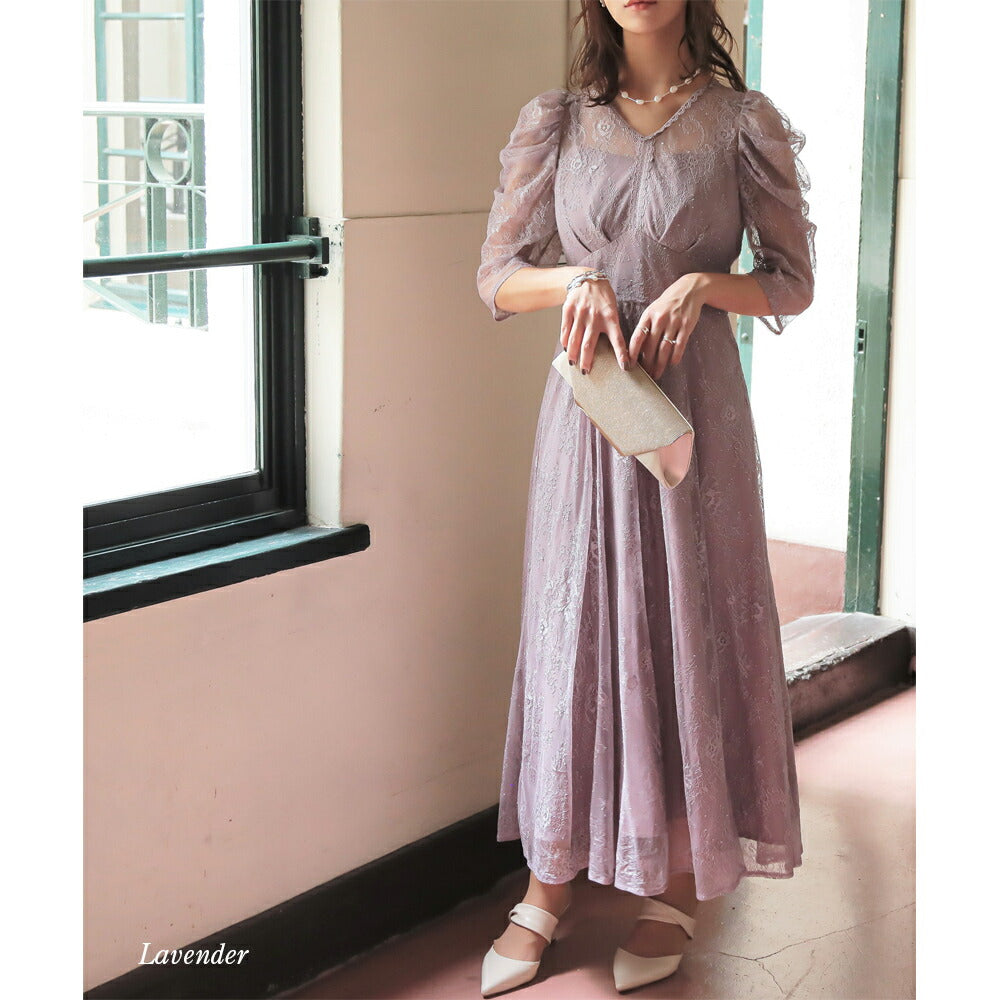 300037 ギャザースリーブレースロングドレス