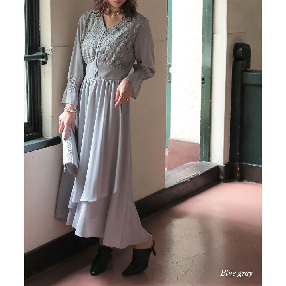 300038 レースコンビネーションシフォンロングドレス