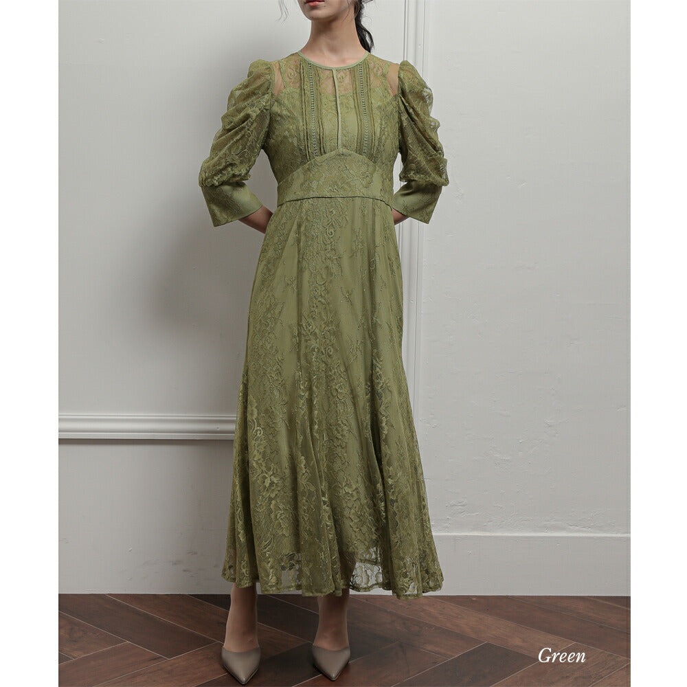 300040 ギャザースリーブレースロングドレス