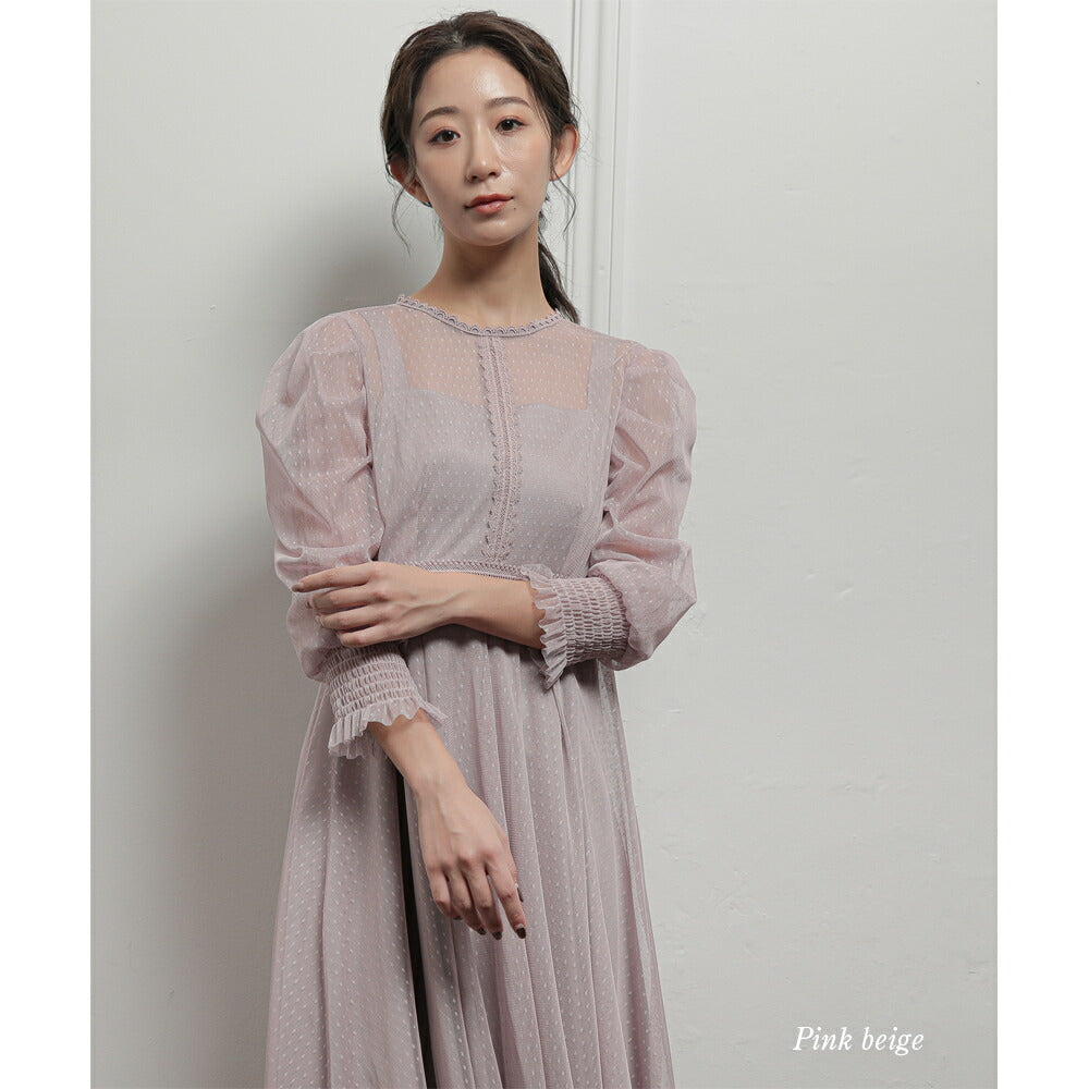 300041 ギャザースリーブチュールレースロングドレス