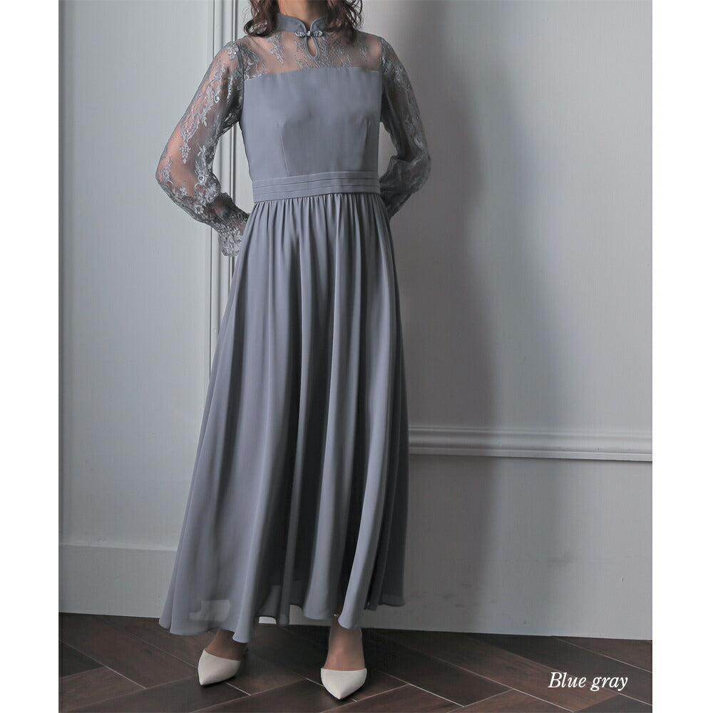 300042 レースコンビネーションシフォンロングドレス