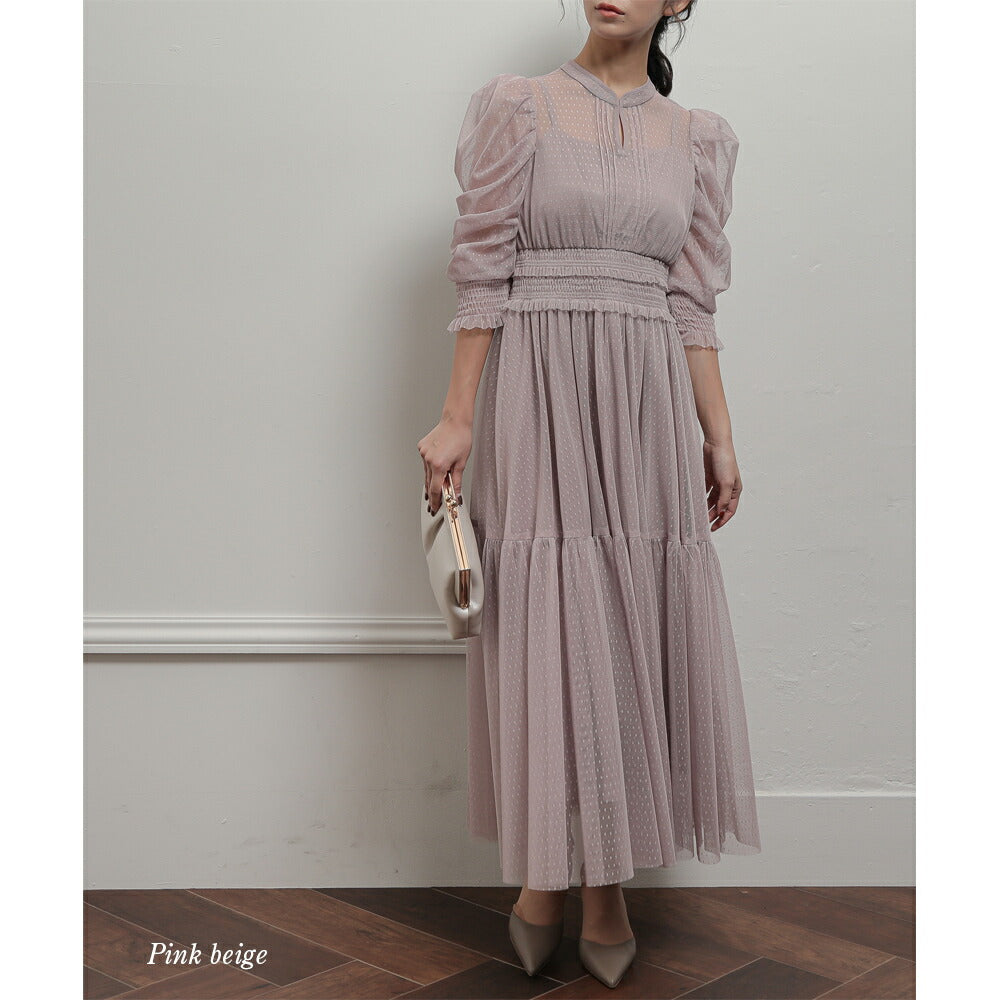 300046 ギャザースリーブチュールレースロングドレス