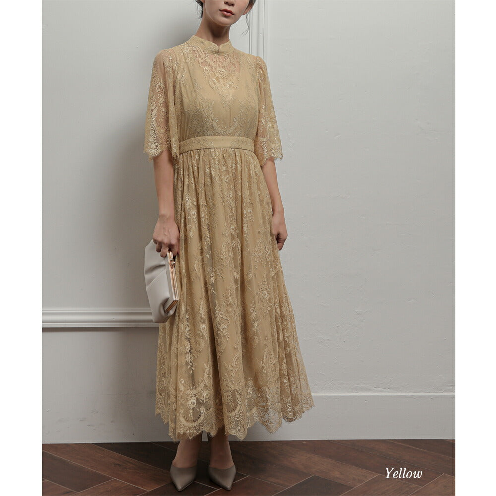 300050 フレアスリーブレースロングドレス