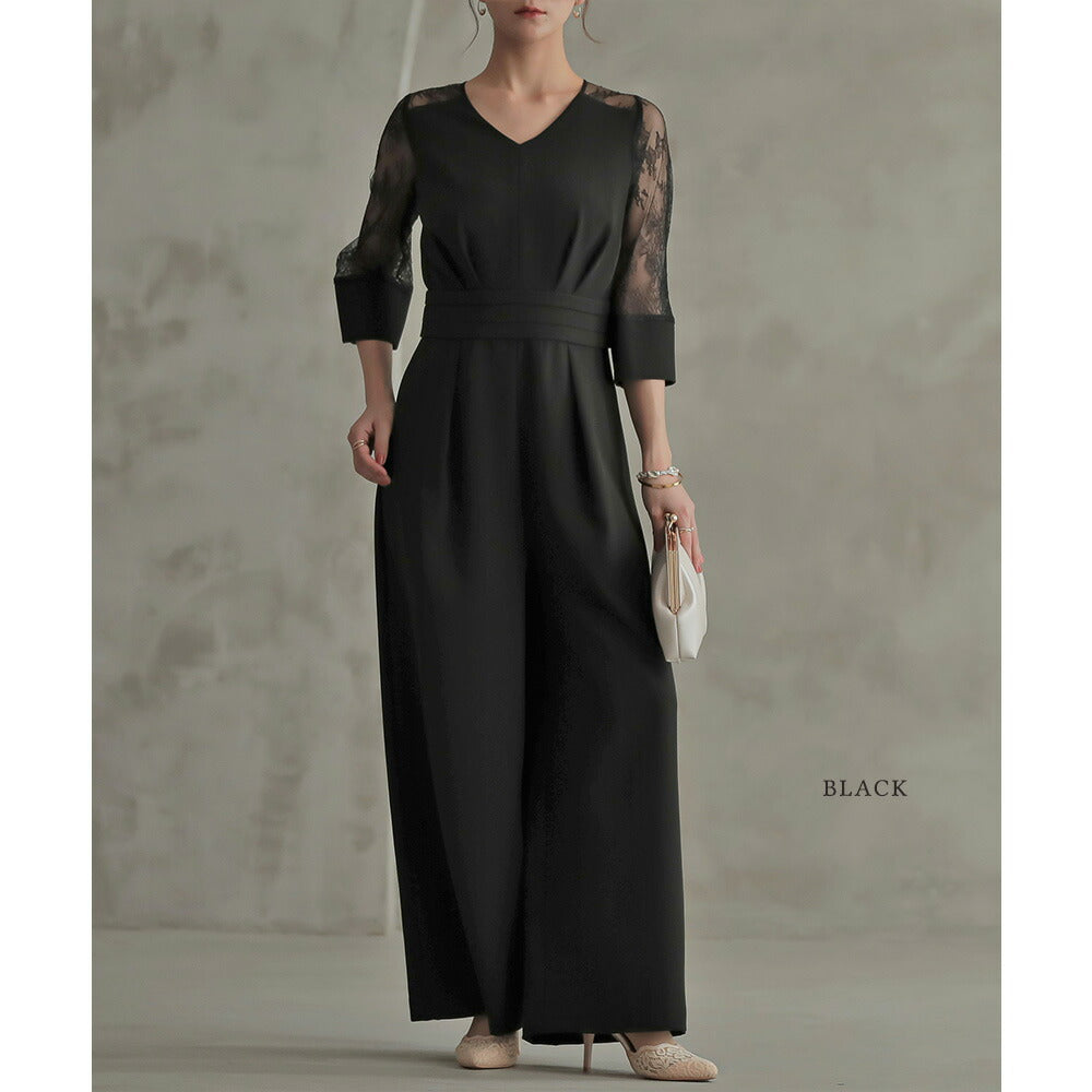 300075 Vネックオールインワンパンツドレス