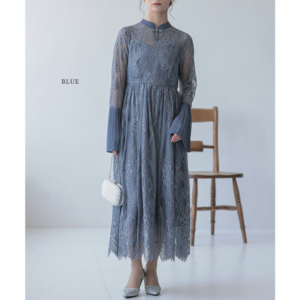 300099 プリーツスリーブレースロングドレス