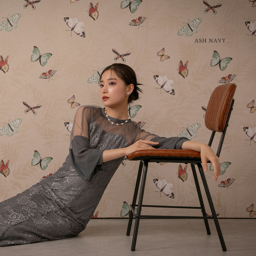 300124 チュール&レースロングドレス