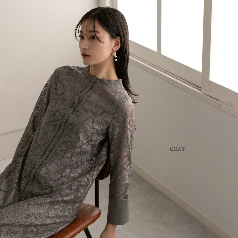 300126 オールレーススタンドカラーロングドレス