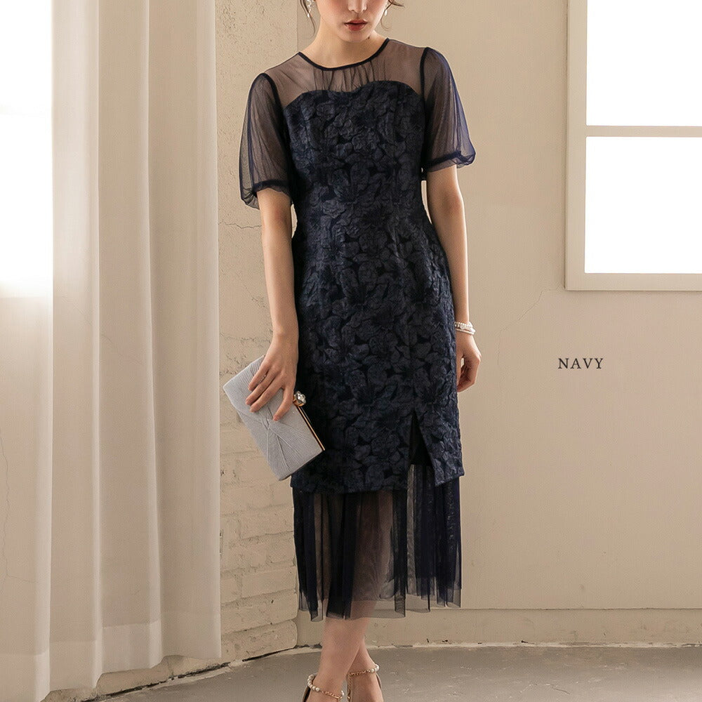 300132 ふくれジャガード&チュールドレス