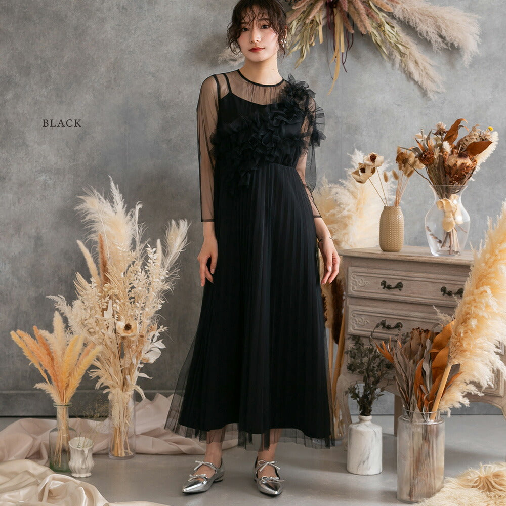 300140 チュールサッシュレイヤードデザインドレス