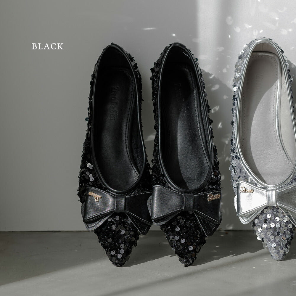 400020 BIGリボンスパンコールフラットパンプス