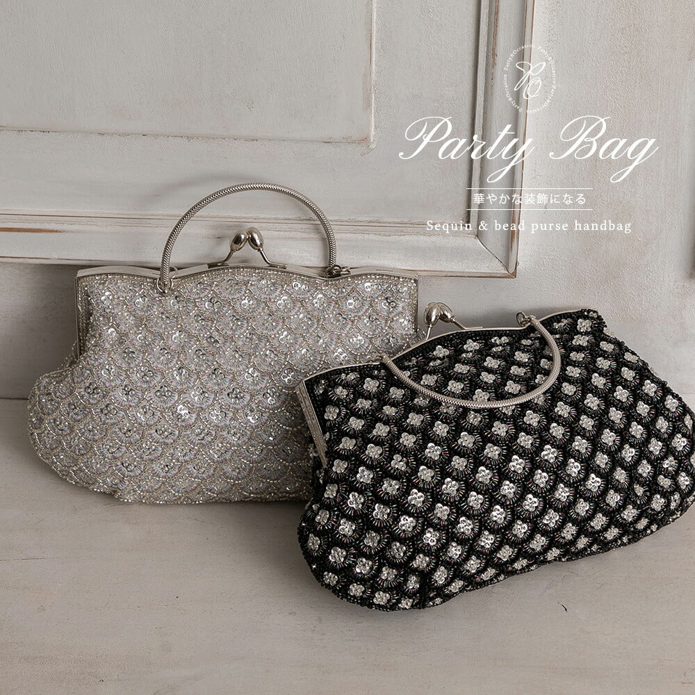900014 スパンコール&ビーズがま口ハンドバッグ