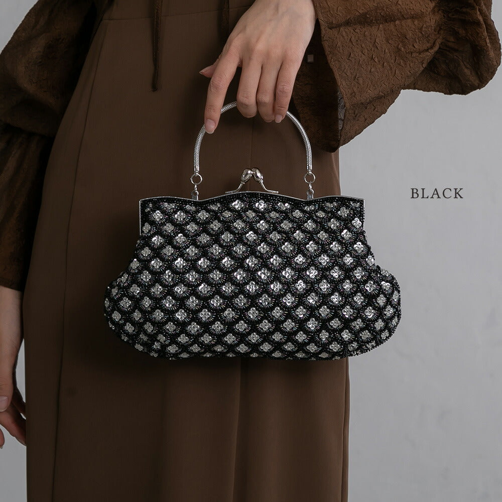 900014 スパンコール&ビーズがま口ハンドバッグ