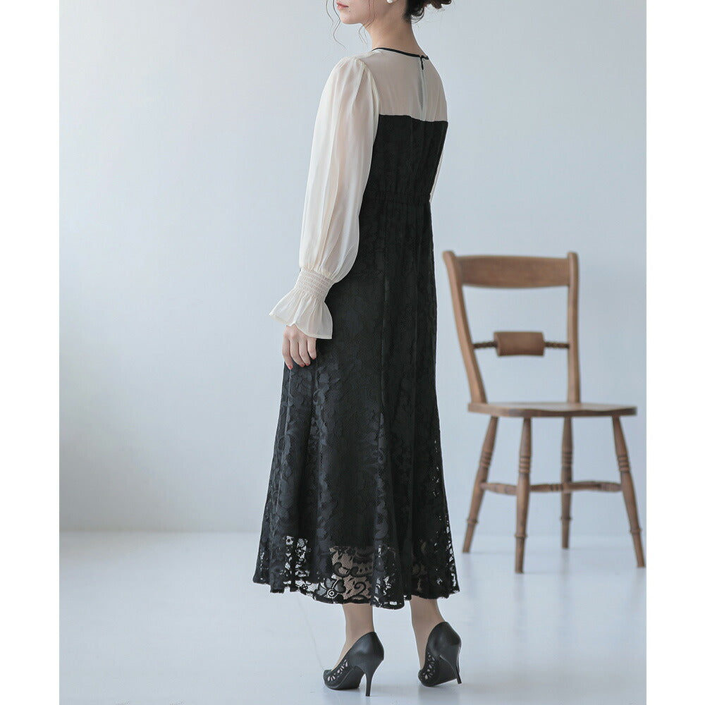300095 ジャガードレースコンビロングドレス