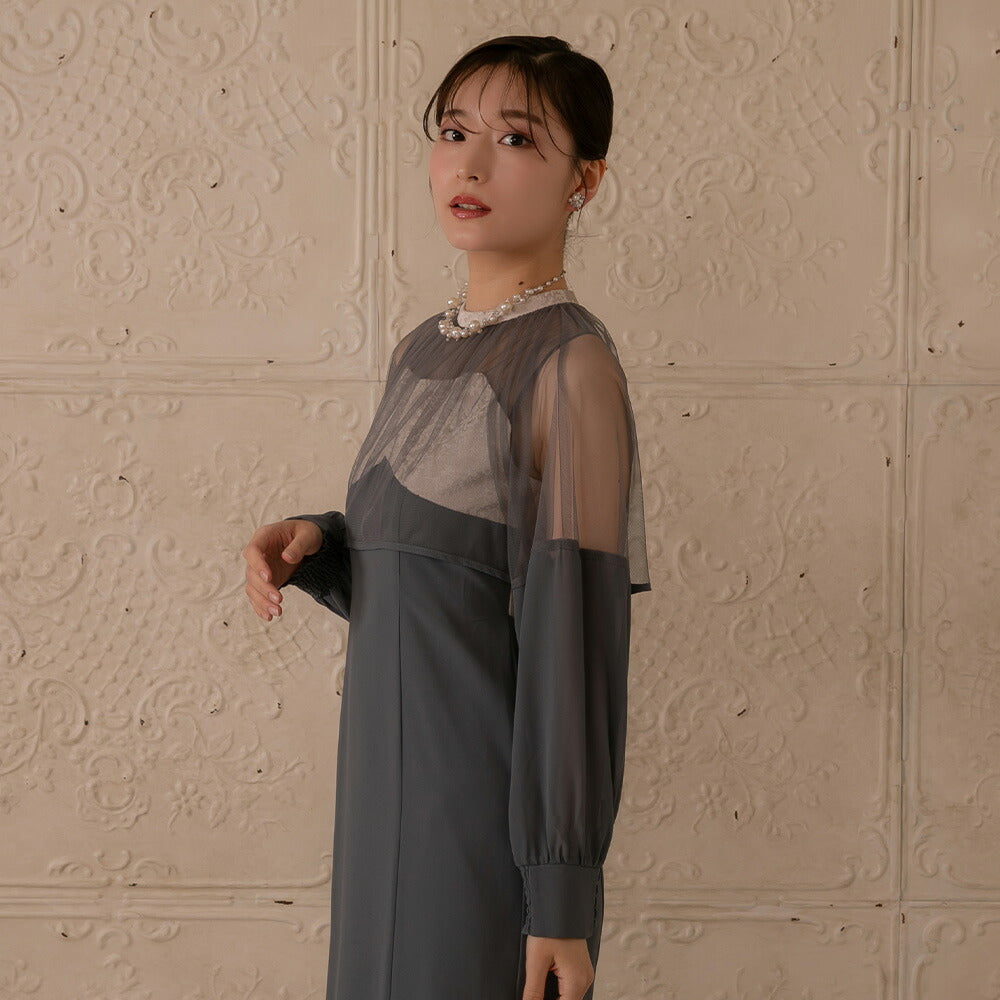 300128 チュールコンビジャガードディティールロングドレス