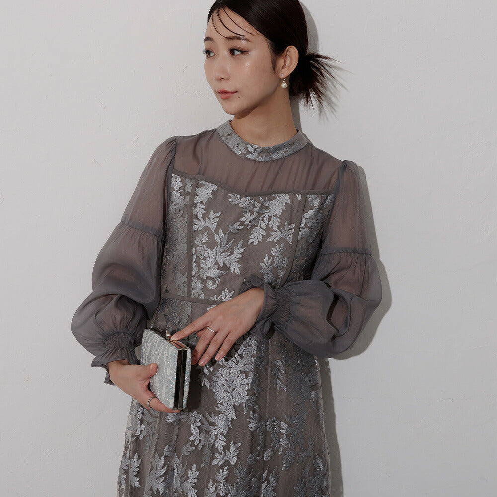 300178 キャンディスリーブ刺繍Aラインドレス