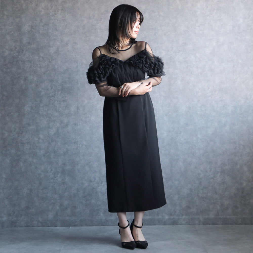 300182 リッチチュールオフショルペンシルドレス