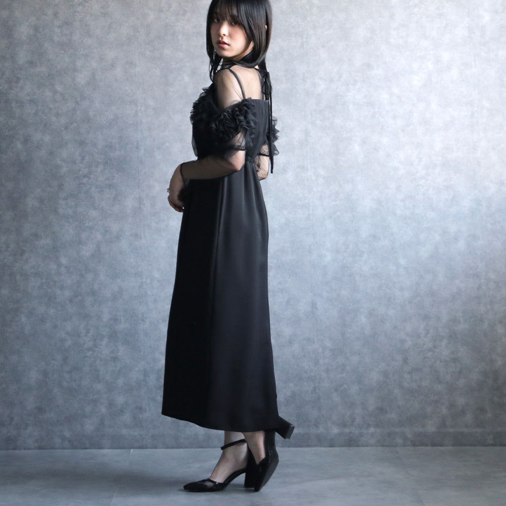 300182 リッチチュールオフショルペンシルドレス