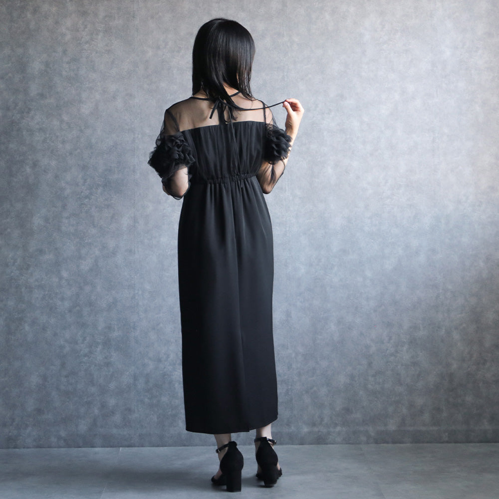 300182 リッチチュールオフショルペンシルドレス