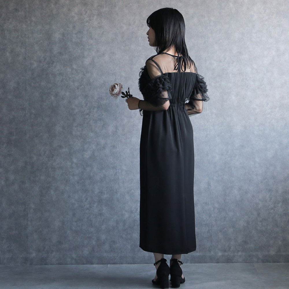 300182 リッチチュールオフショルペンシルドレス