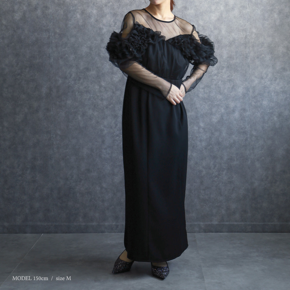 300182 リッチチュールオフショルペンシルドレス