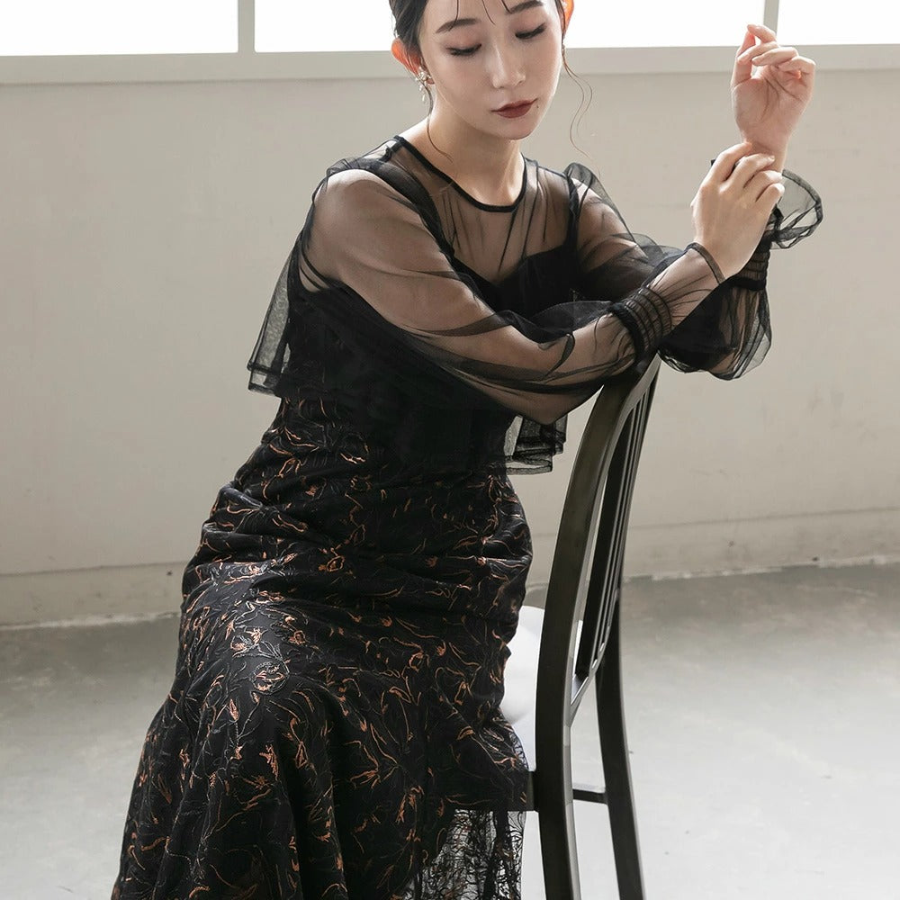 300192 エンブロイダリーチュールコンビドレス