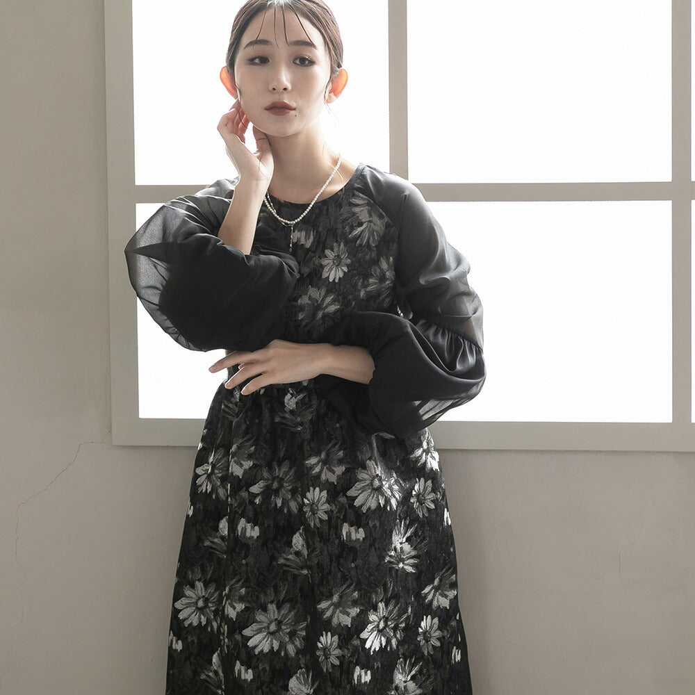 300195 ジャガードラグランバルーンスリーブドレス