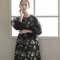 300195 ジャガードラグランバルーンスリーブドレス