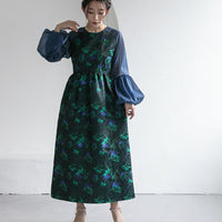 300195 ジャガードラグランバルーンスリーブドレス