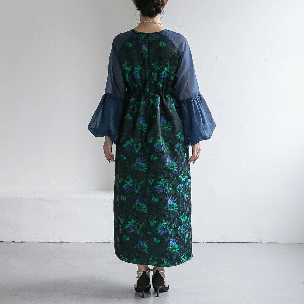 300195 ジャガードラグランバルーンスリーブドレス