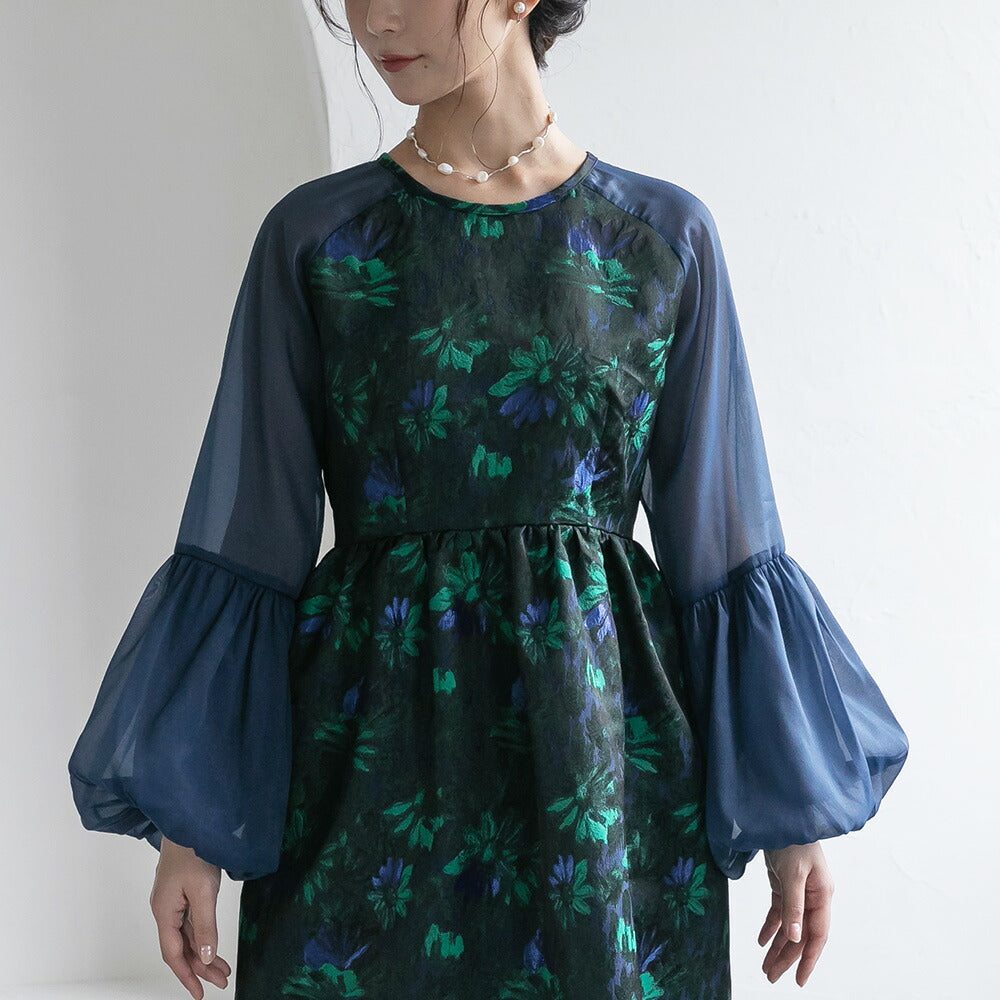 300195 ジャガードラグランバルーンスリーブドレス