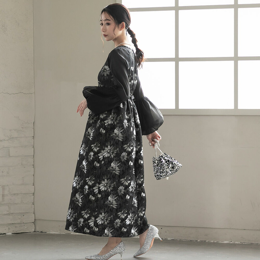 300195 ジャガードラグランバルーンスリーブドレス