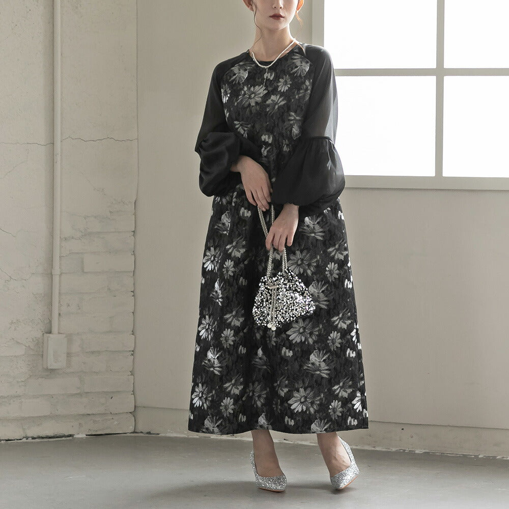 300195 ジャガードラグランバルーンスリーブドレス