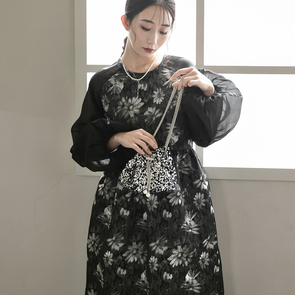 300195 ジャガードラグランバルーンスリーブドレス