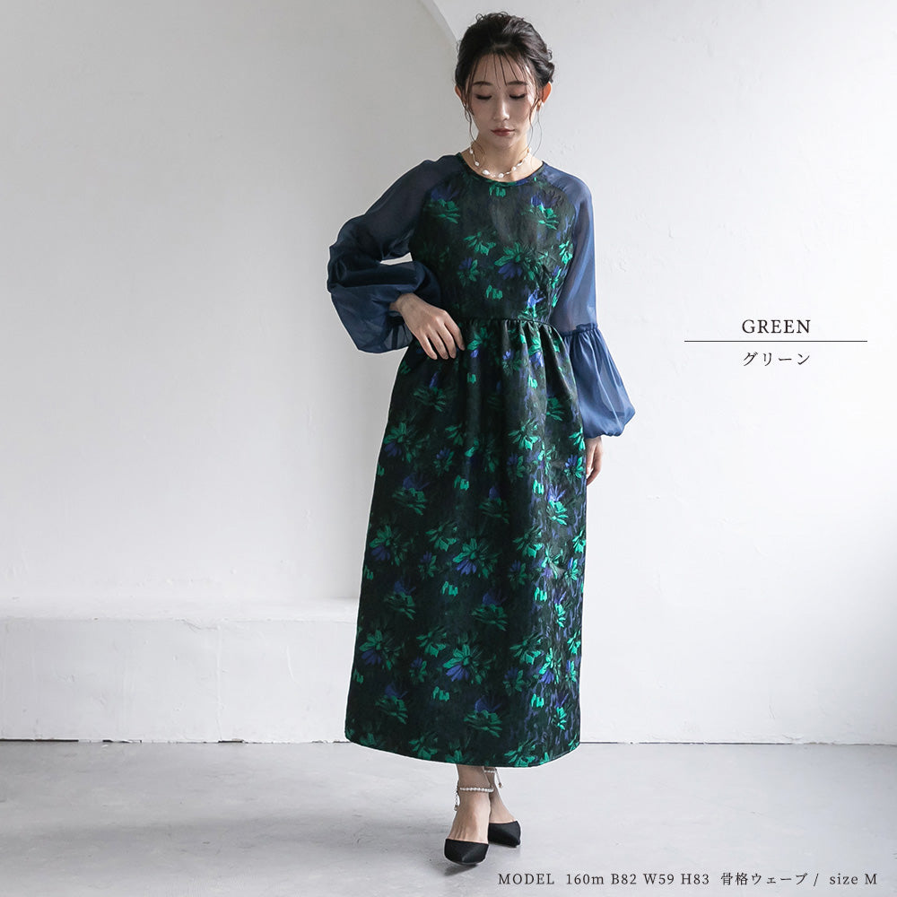 300195 ジャガードラグランバルーンスリーブドレス