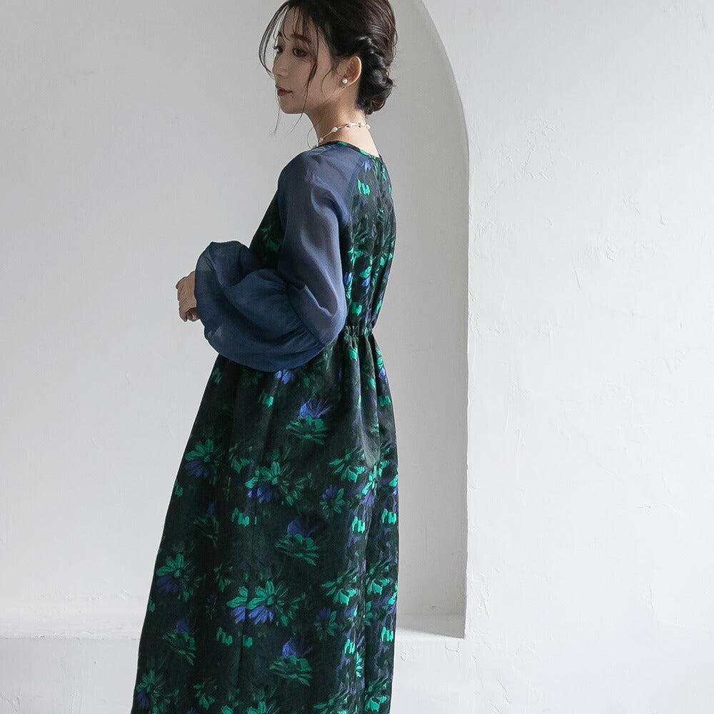 300195 ジャガードラグランバルーンスリーブドレス