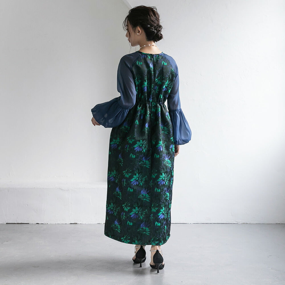 300195 ジャガードラグランバルーンスリーブドレス