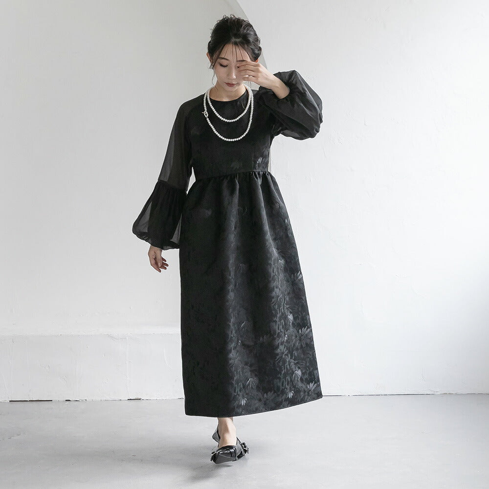 300195 ジャガードラグランバルーンスリーブドレス