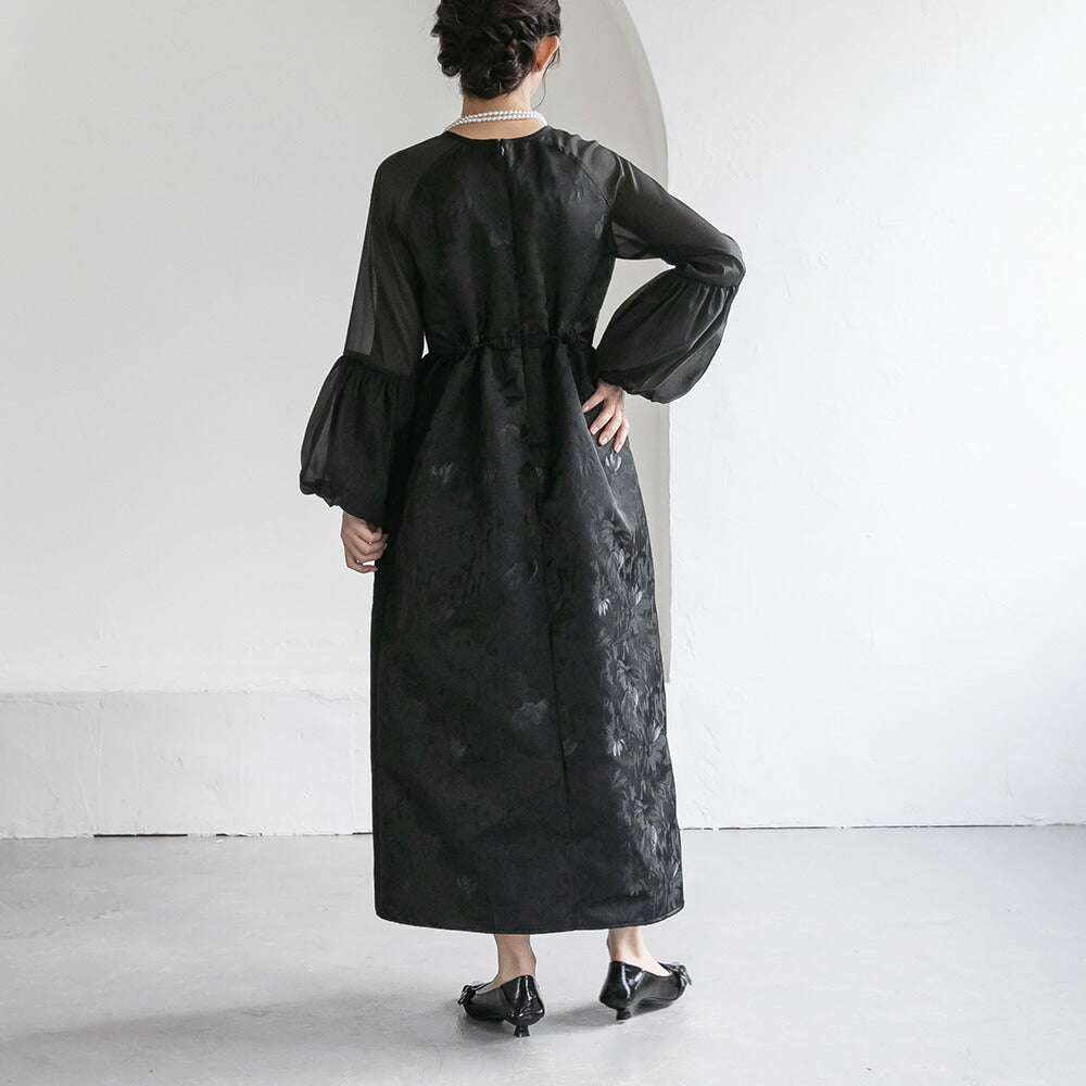 300195 ジャガードラグランバルーンスリーブドレス