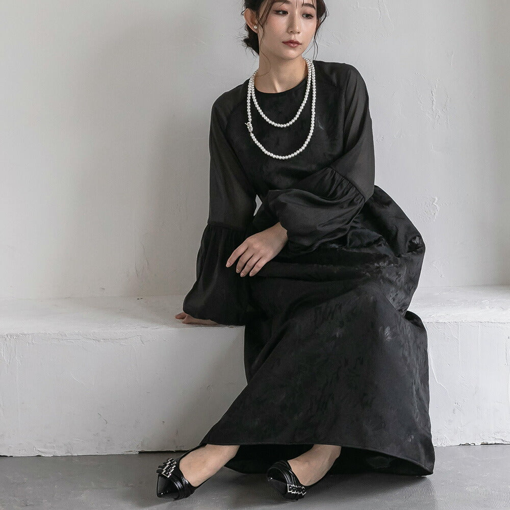 300195 ジャガードラグランバルーンスリーブドレス