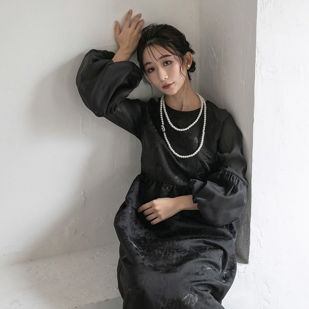 300195 ジャガードラグランバルーンスリーブドレス