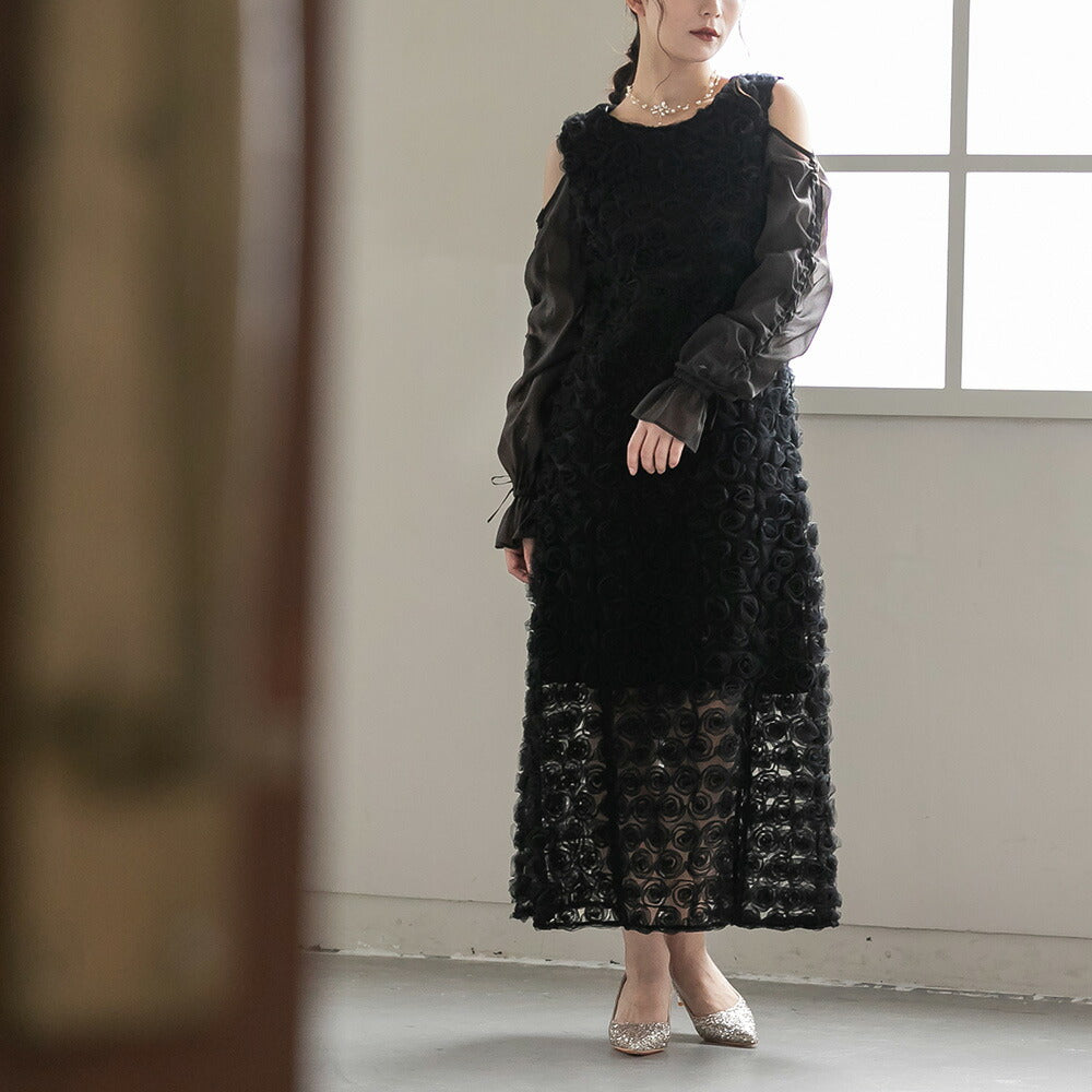 300197 ドロストギャザースリーブ×プチローズペンシルドレス