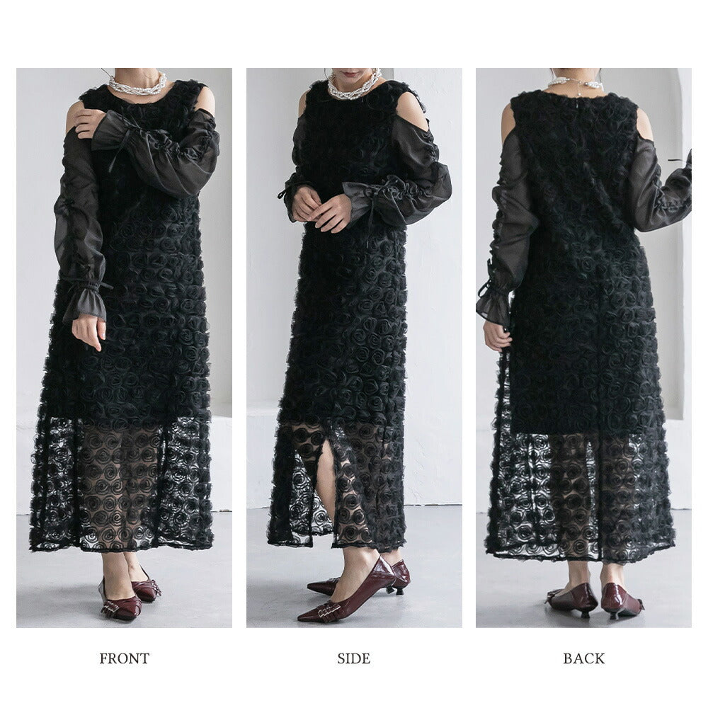 300197 ドロストギャザースリーブ×プチローズペンシルドレス