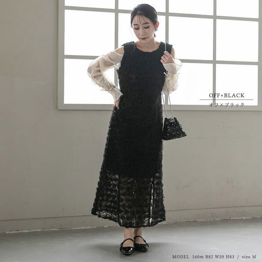 300197 ドロストギャザースリーブ×プチローズペンシルドレス